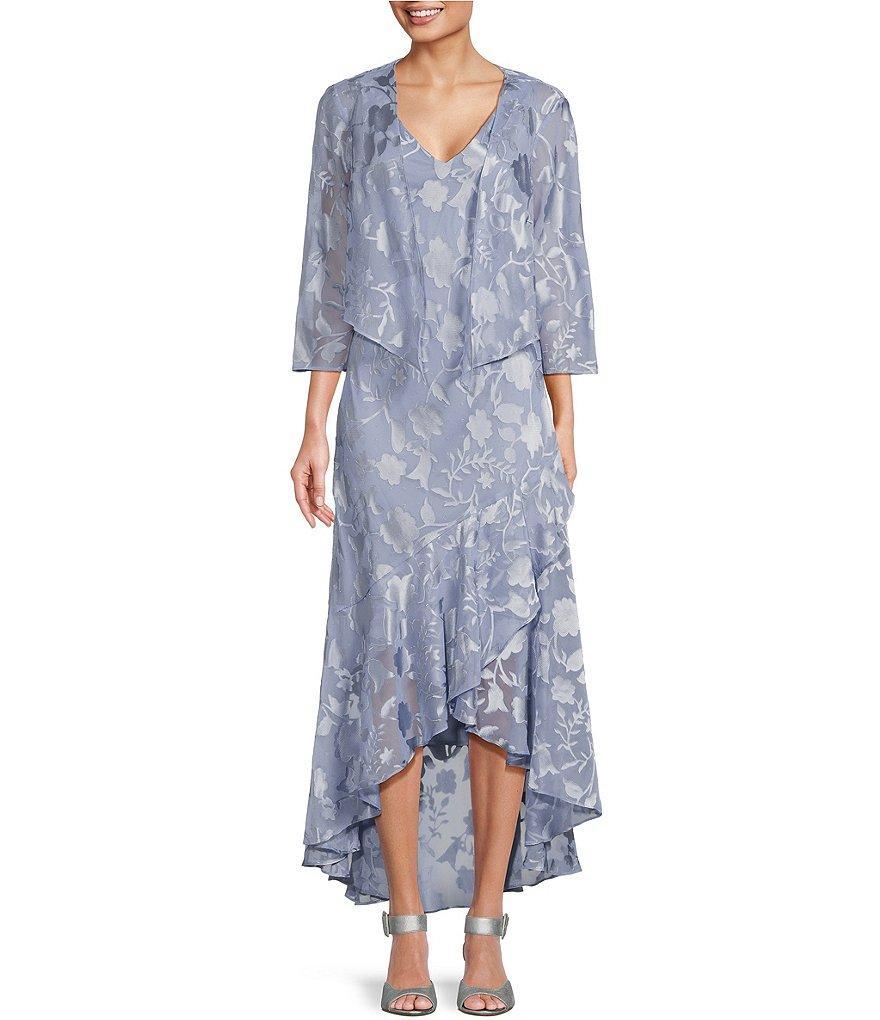 Alex Evenings Metallic Floral Print High-Low V-Neck 3/4 Sleeve Flounce Hem Cascade 2-Piece Chiffon Jacket Gown Product Image