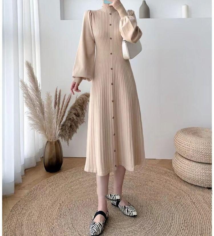 Puff-Sleeve High Neck Plain Ribbed Midi Knit Dress Product Image