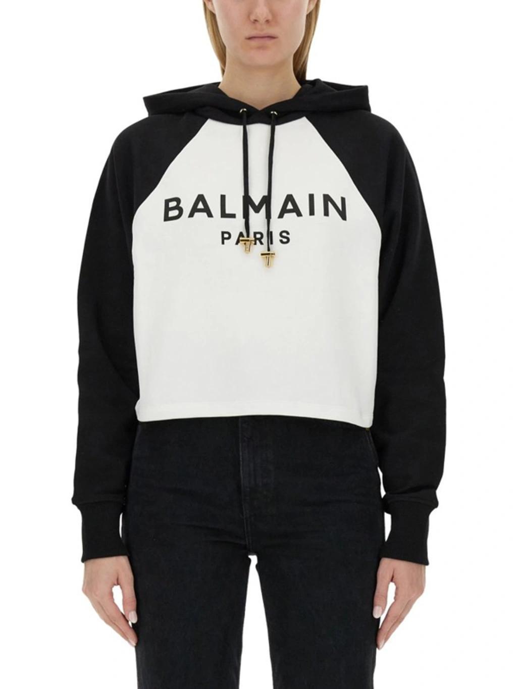 BALMAIN Logo Printed Drawstring Hoodie In Black Product Image