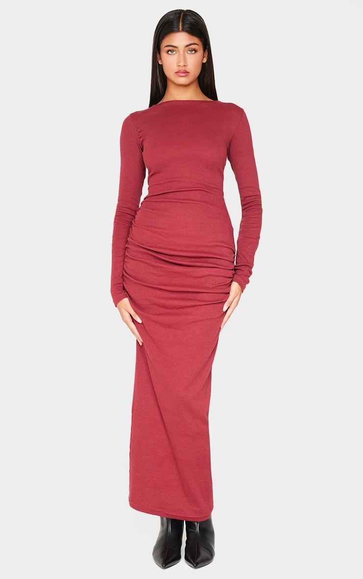 Burgundy Ribbed Ruched Detail Long Sleeve Maxi Product Image