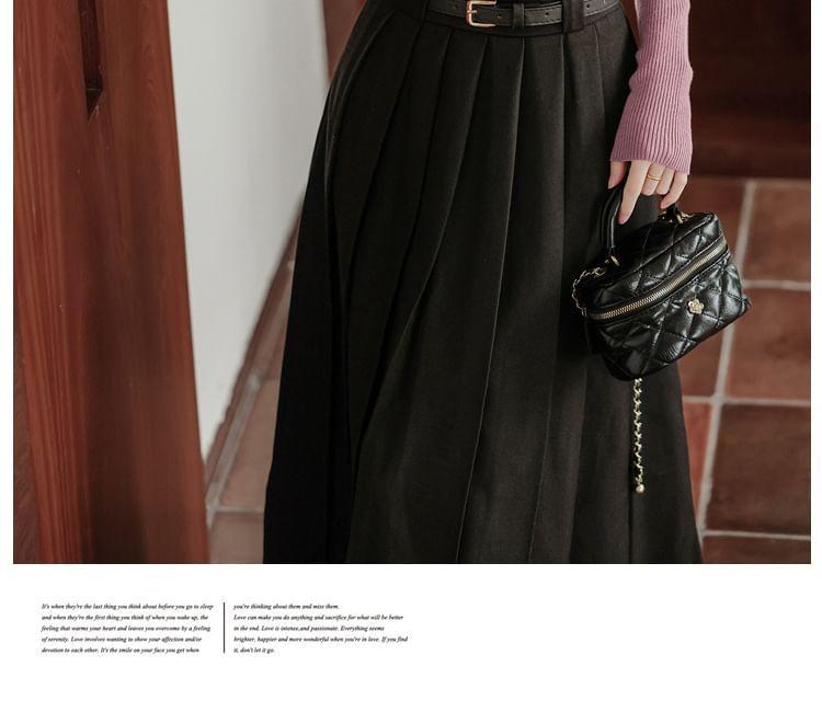 Long-Sleeve Scoop Neck Plain Knit Top / High Waist Midi A-Line Skirt / Set Product Image