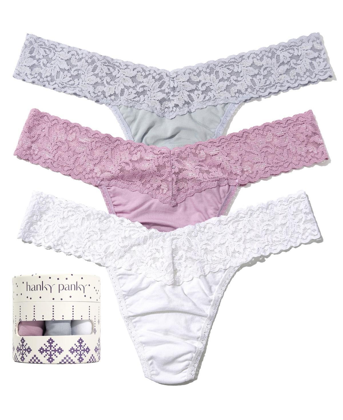 Hanky Panky Supima(r) Cotton Low Rise Thong 3 Pack (Water Lily/Dove Grey/White) Women's Underwear Product Image