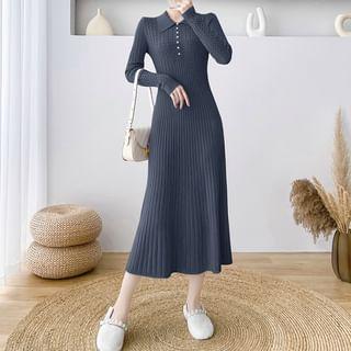 Long-Sleeve Collar Plain Ribbed Midi A-Line Knit Dress Product Image