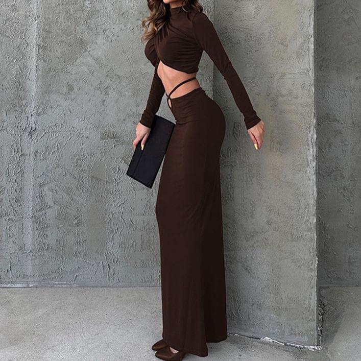 Set: Long-Sleeve Mock Neck Plain Ruched Crop Top + High Rise Cutout Maxi Pencil Skirt Product Image