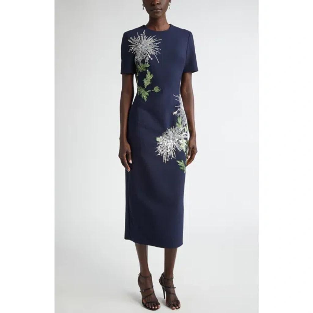 OSCAR DE LA RENTA Dandelion Crystal Embellished Virgin Wool Blend Dress In Navy Product Image