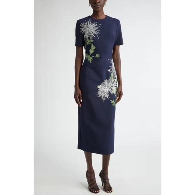 OSCAR DE LA RENTA Dandelion Crystal Embellished Virgin Wool Blend Dress In Navy Product Image