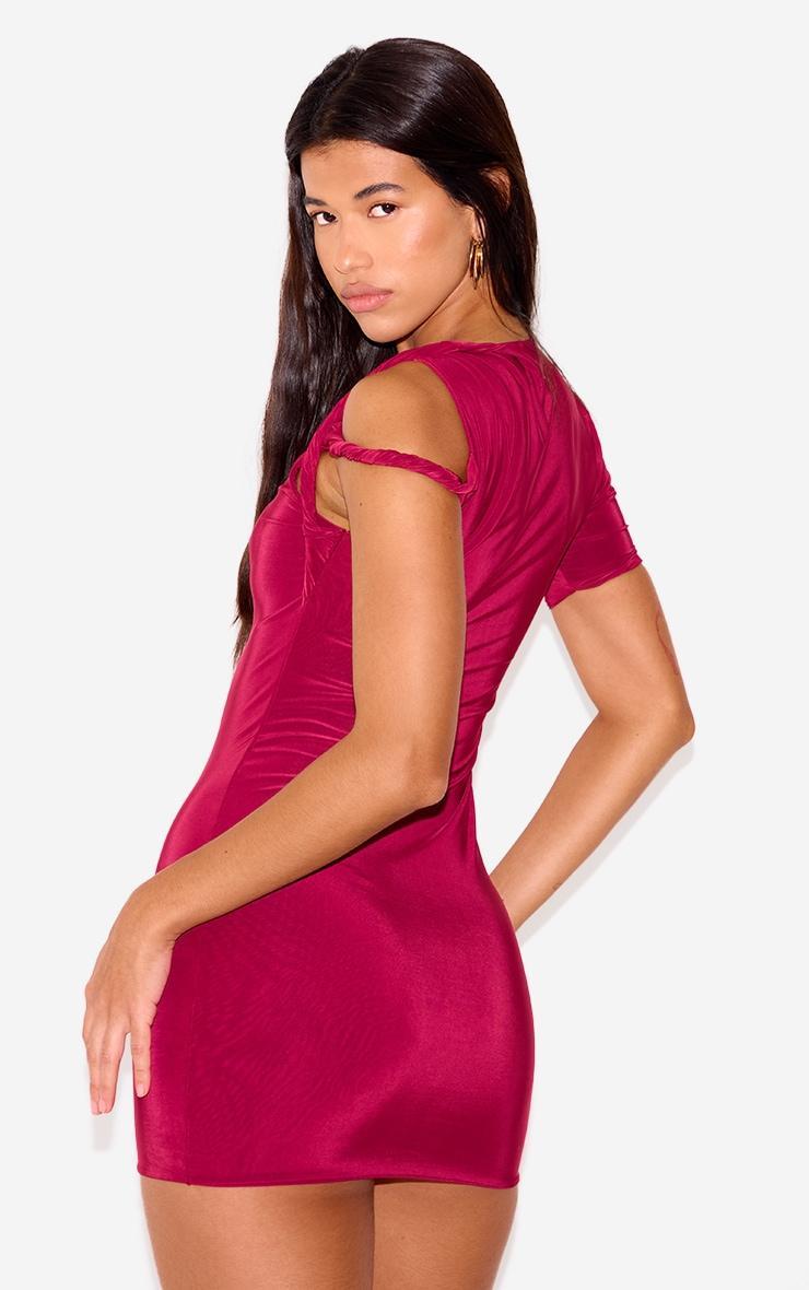 Burgundy Slinky Twist Shoulder Bodycon Dress Product Image