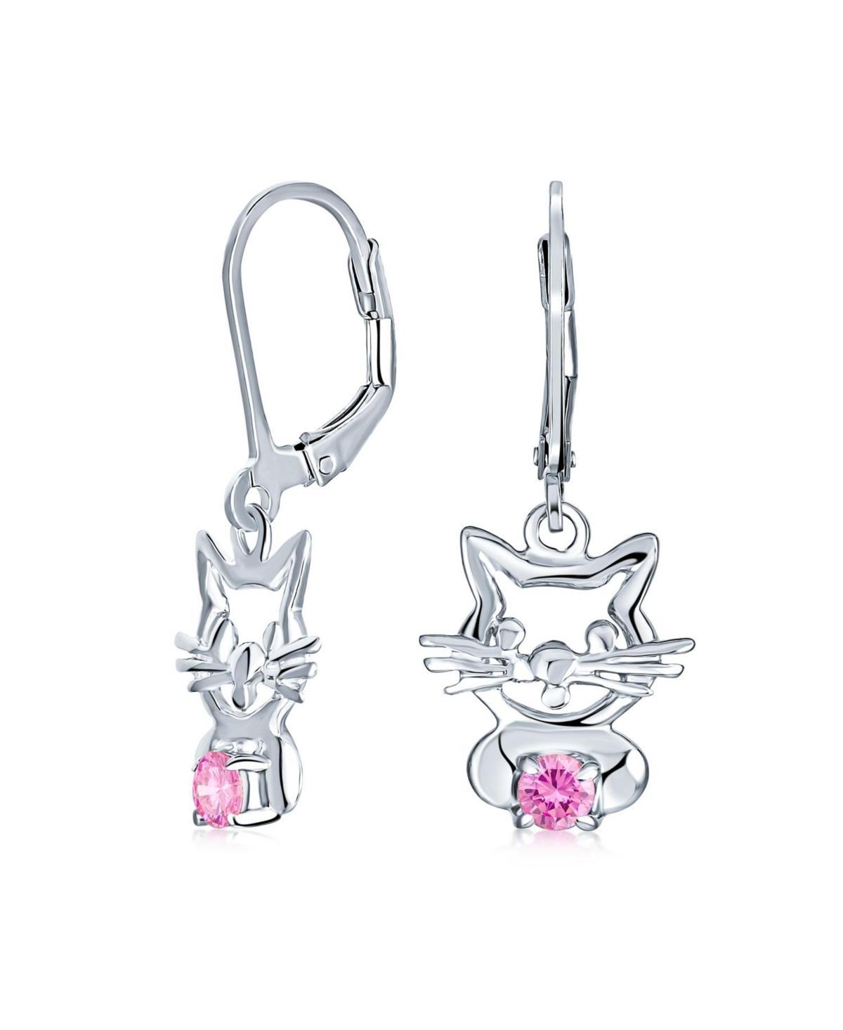 Bling Jewelry Small Kitty Kitten Animal Pet Pink Cz Accent Dangle Girl Earrings For Women .925 Sterling Silver Leverback Product Image