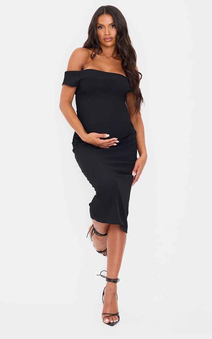 Maternity Black Midi Textured Bardot Sleeveless Bodycon Dress Product Image