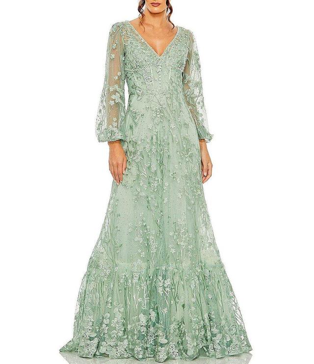 Mac Duggal Embroidered Lace V-Neck Long Balloon Sleeve Tiered A-Line Gown Product Image