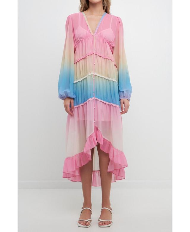 Free the Roses Rainbow Ruffle Long Sleeves High/Low Maxi Dress in Multi at Nordstrom, Size X-Small Product Image