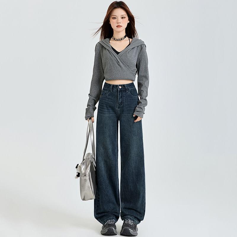 High Waist Washed Fleece-Lined Wide Leg Jeans (Various Designs) Product Image