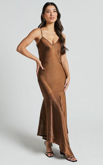 Etienne Midi Dress - Asymmetric Hem Satin Slip Dress in Chocolate Product Image