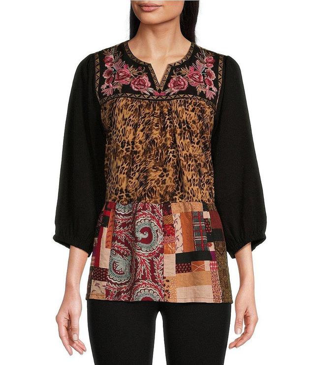 Calessa Embroidered Patchwork Split V-Neck 3/4 Sleeve Tunic Top Product Image