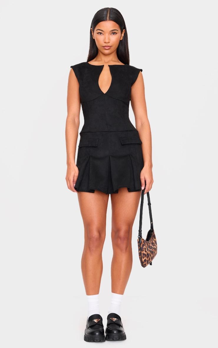 Black Faux Suede Pleated Pocket Detail Shift Dress Product Image