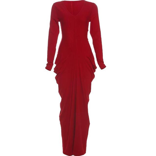 Long-Sleeve V-Neck Plain Ruched Maxi Sheath Dress Product Image