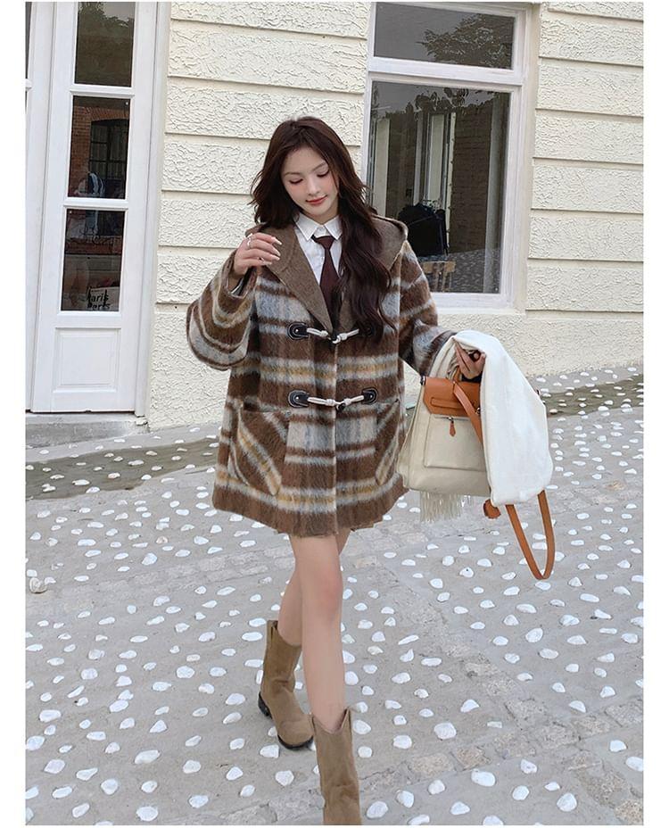 Plaid Hooded Toggle Coat product image