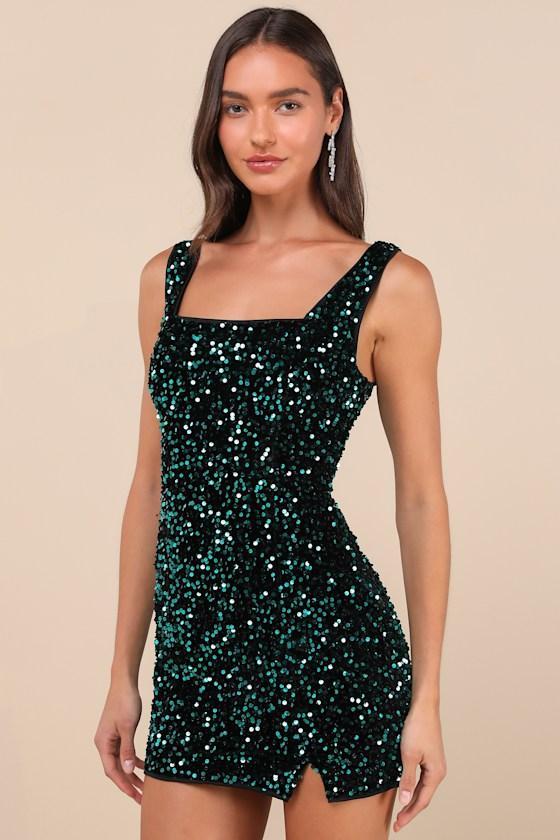 Seeing Sparkles Teal Velvet Sequin Square Neck Mini Dress Product Image