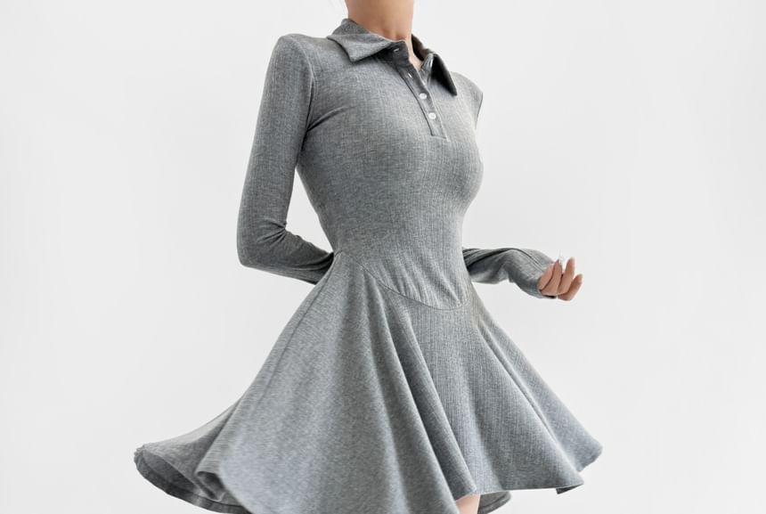 Long Sleeve Polo Collar Plain Mini A-Line Dress Product Image