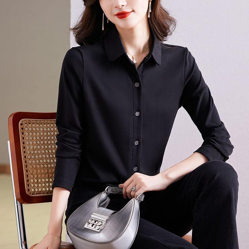 Long-Sleeve Velvet Plain Shirt Product Image