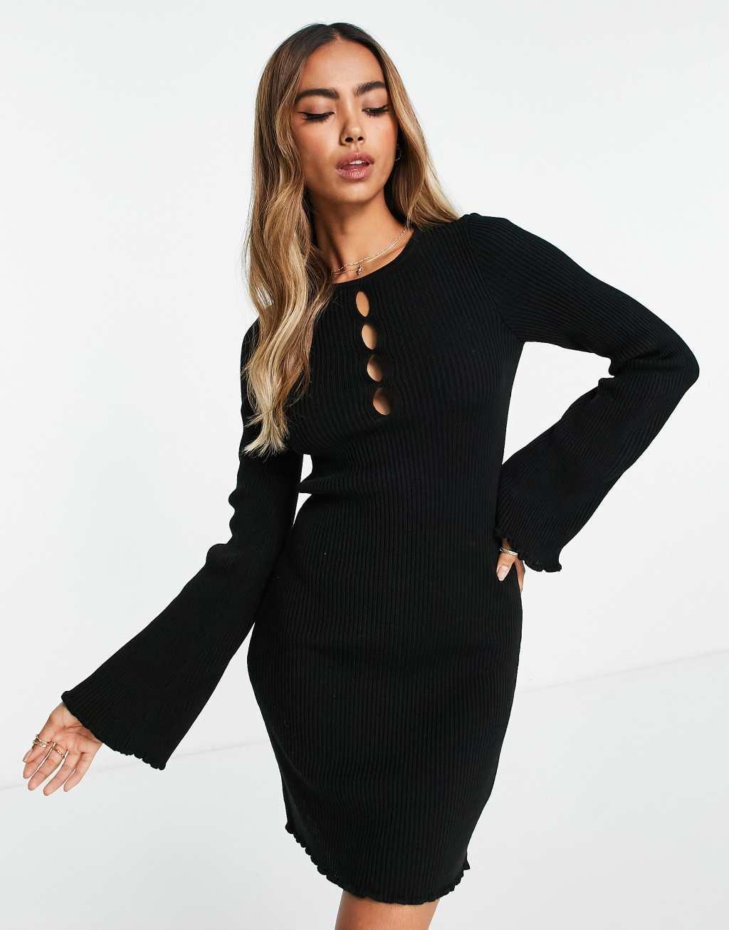 ASOS DESIGN knitted mini dress with cut out front detail in black Product Image