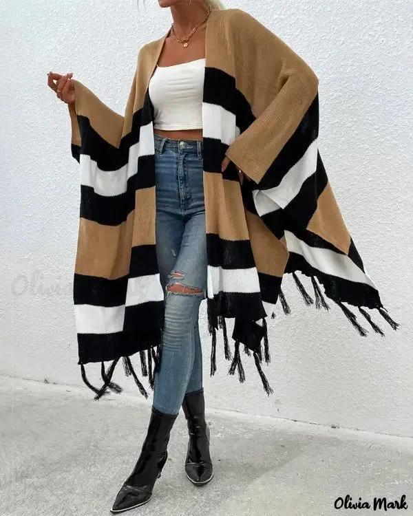 Olivia Mark – Open front cardigan with tassel trim and colorblock stripes Product Image