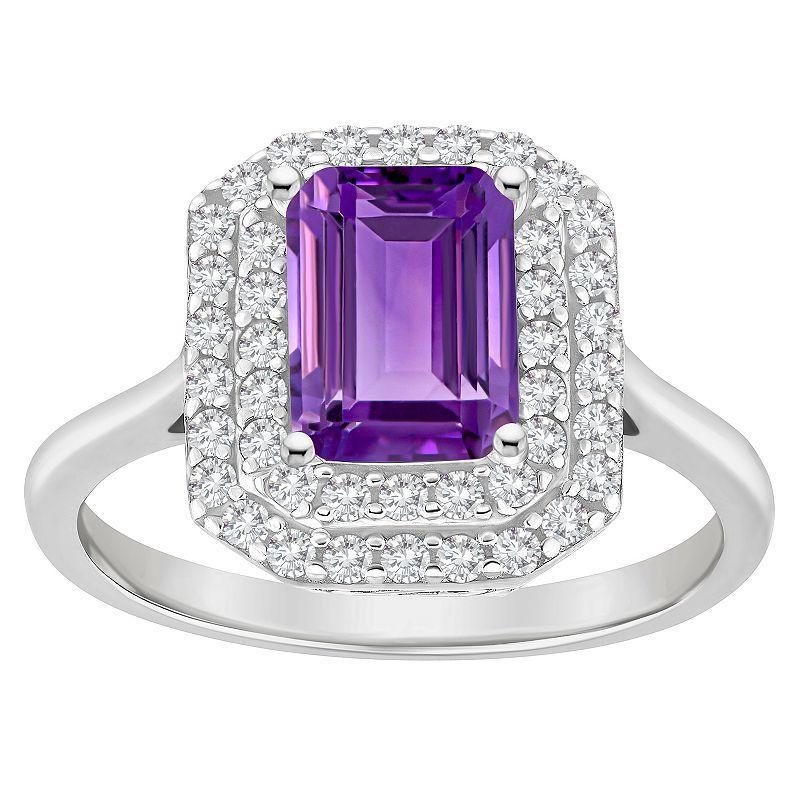 Celebration Gems Sterling Silver Emerald-Cut Amethyst & White Topaz Double Halo Ring, Womens Purple Product Image