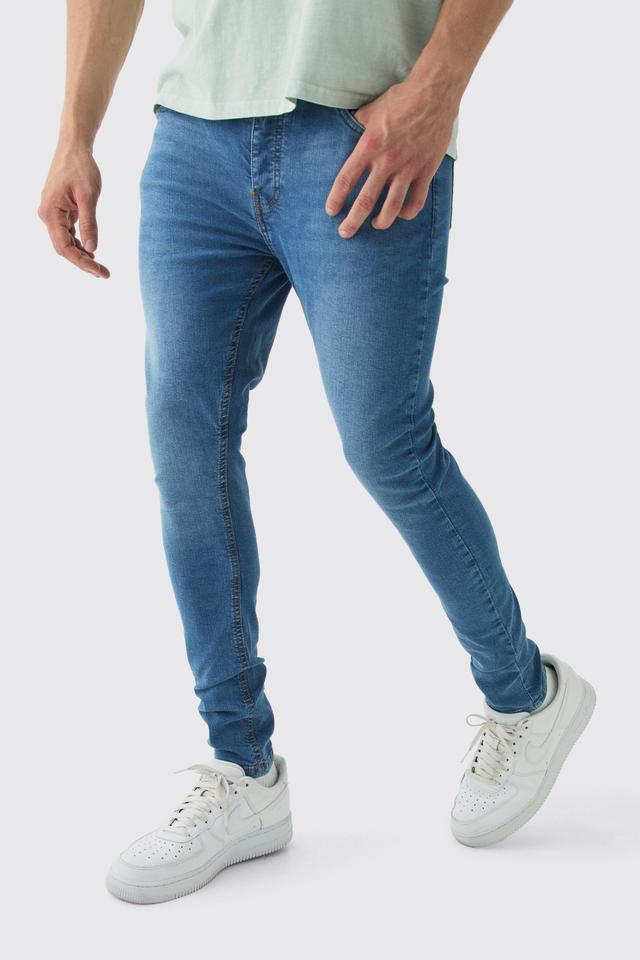 Super Skinny Stretch Jean In Mid Blue | boohooMAN USA Product Image