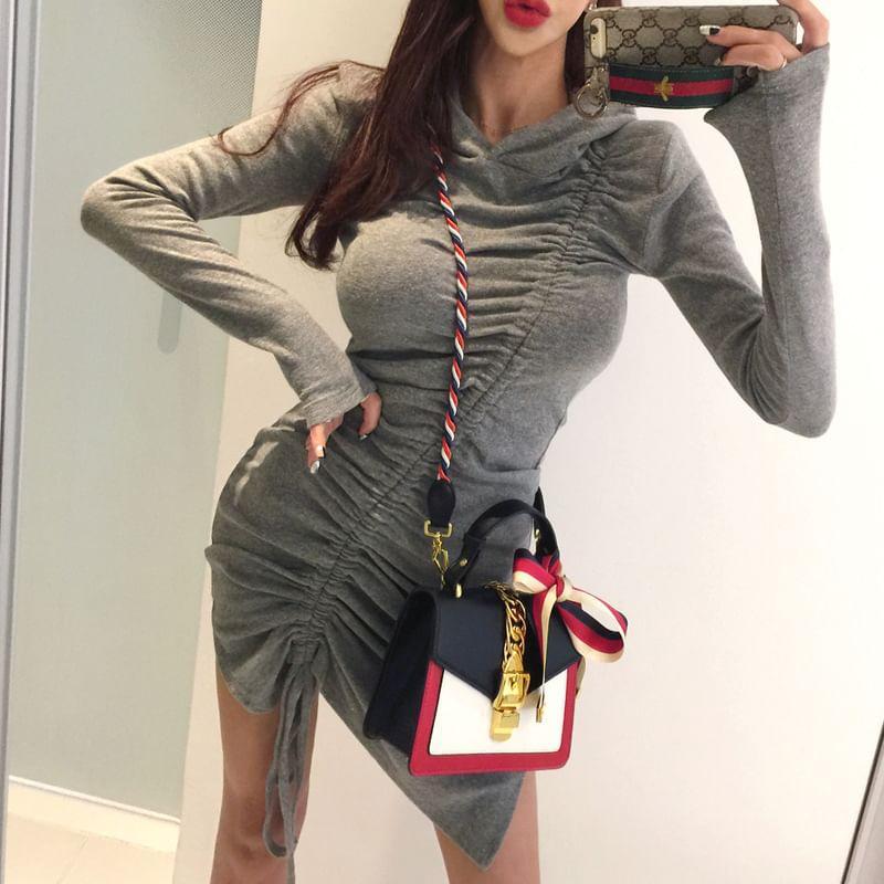 Long-Sleeve Asymmetrical Drawstring Hooded Mini Sheath Dress Product Image