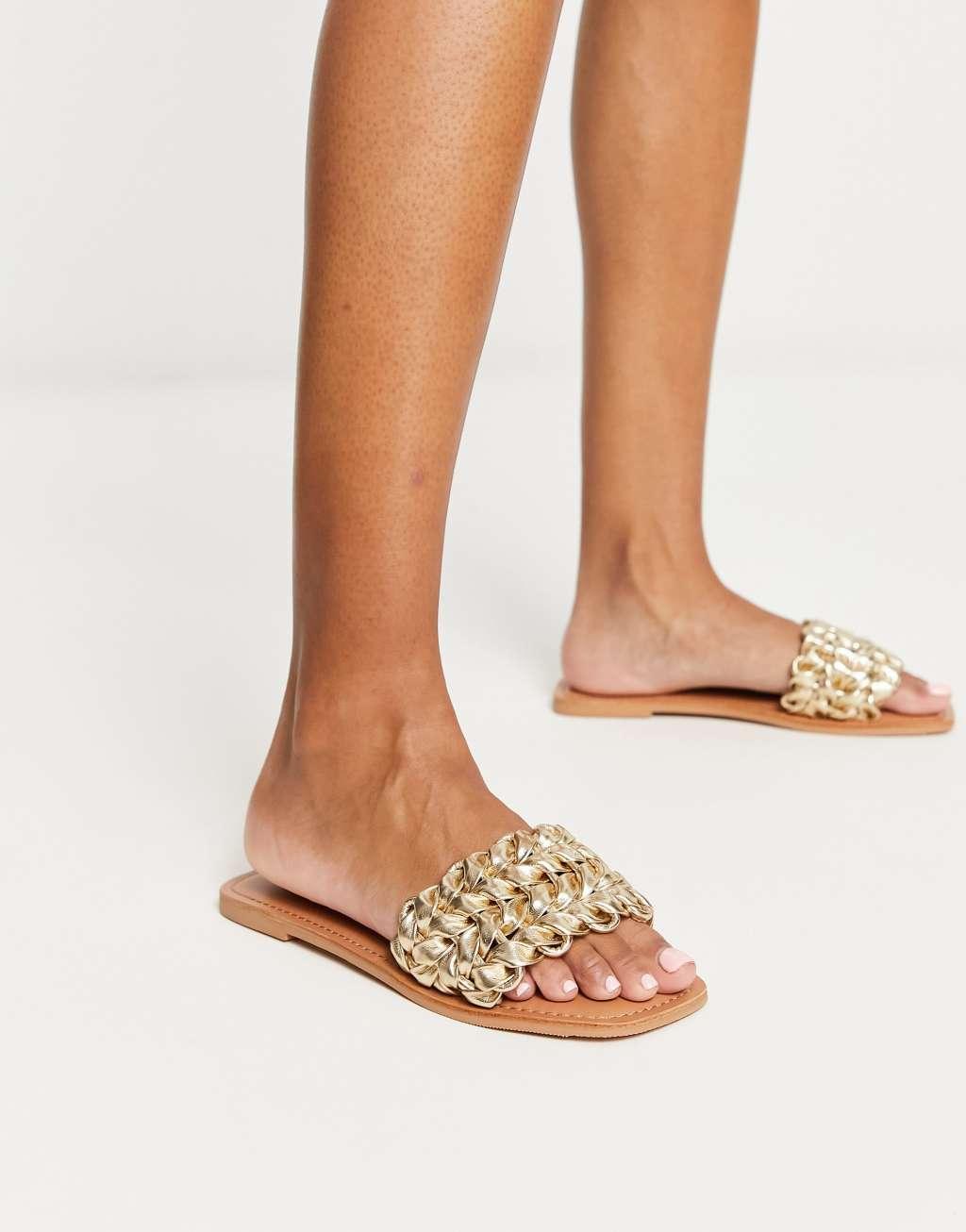 ASOS DESIGN Flora woven flat sandals in gold Product Image