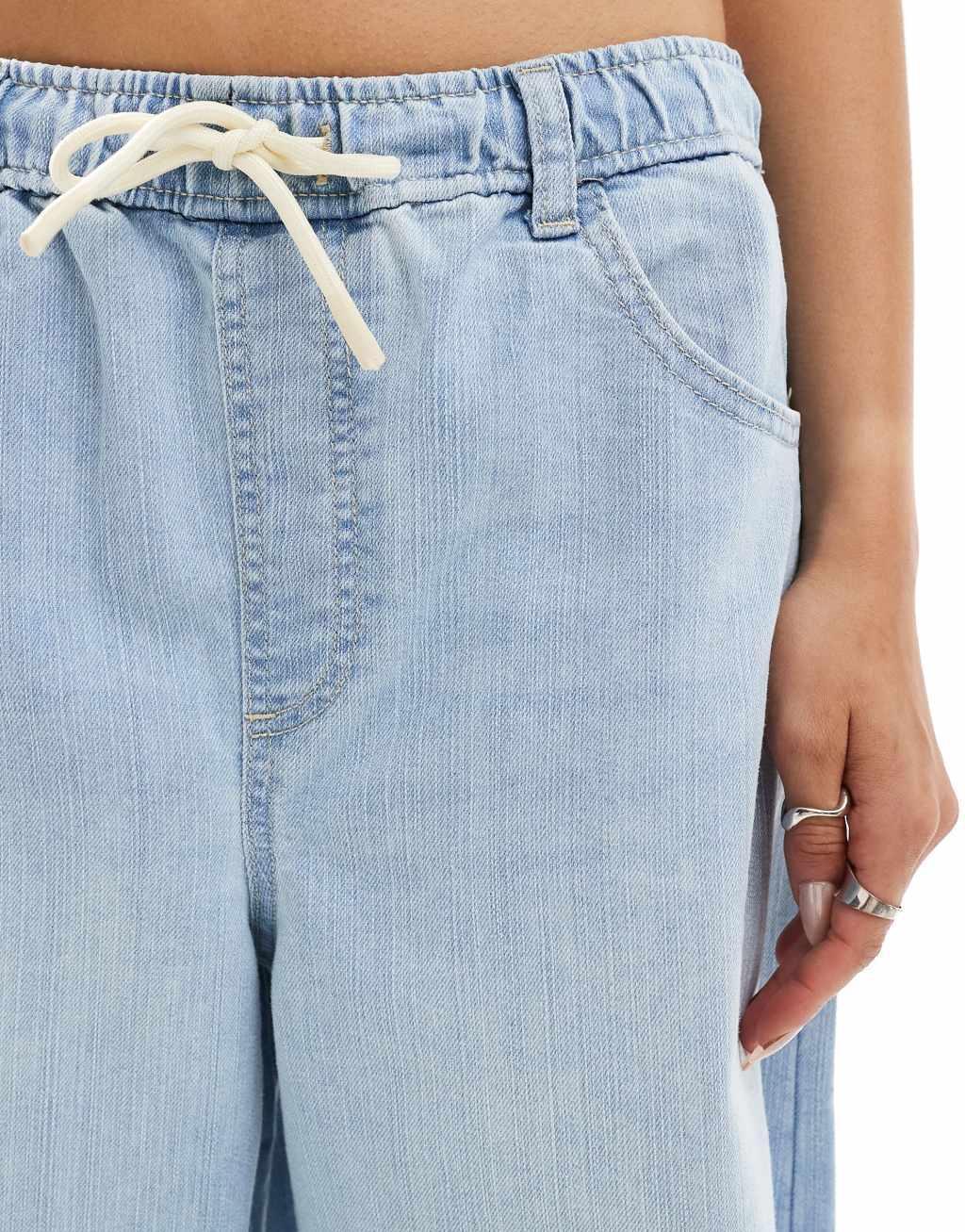 Bershka denim look pull-on jeans in light wash blue Product Image