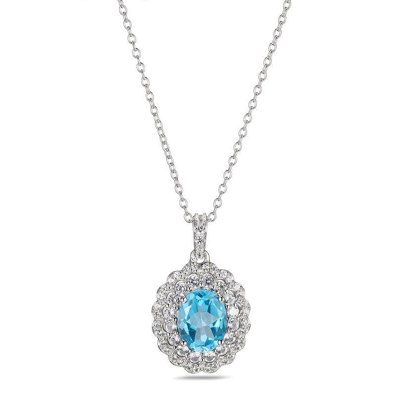 Sterling Silver Genuine Blue Topaz & Lab-Created White Sapphire Double Halo Pendant Necklace, Womens Product Image