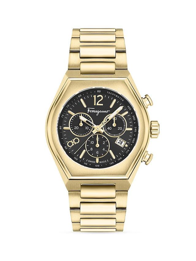 Salvatore Ferragamo Mens Swiss Chronograph Tonneau Gold Ion Plated Stainless Steel Bracelet Watch 42mm - Ip Yellow Gold Product Image