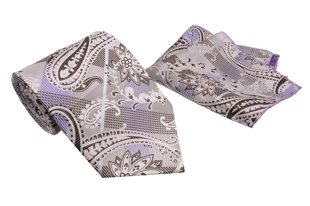 Silver Lavender Plaid and Paisley Pattern Men's Classic Tie and Pocket Square Set Male Product Image