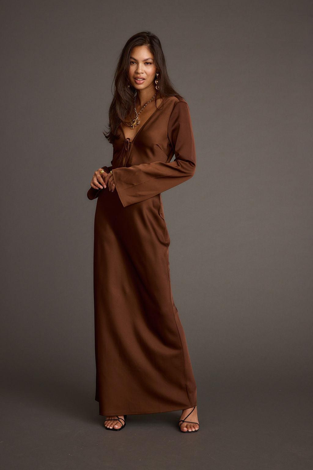 Strokes Mocha Long Sleeve Plunge Satin Maxi Dress Product Image