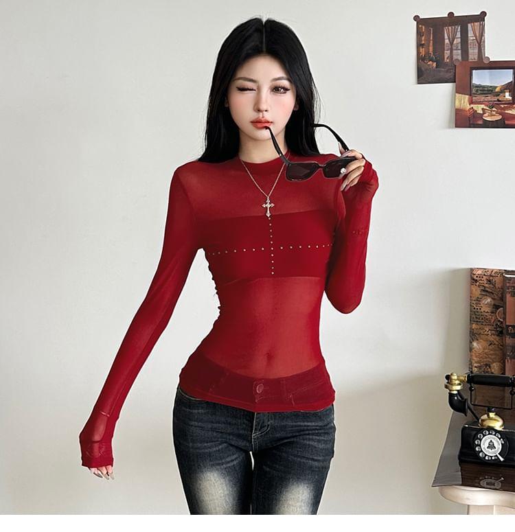 Long-Sleeve Mock Neck Cross Rhinestone Mesh Slim Fit Top Product Image