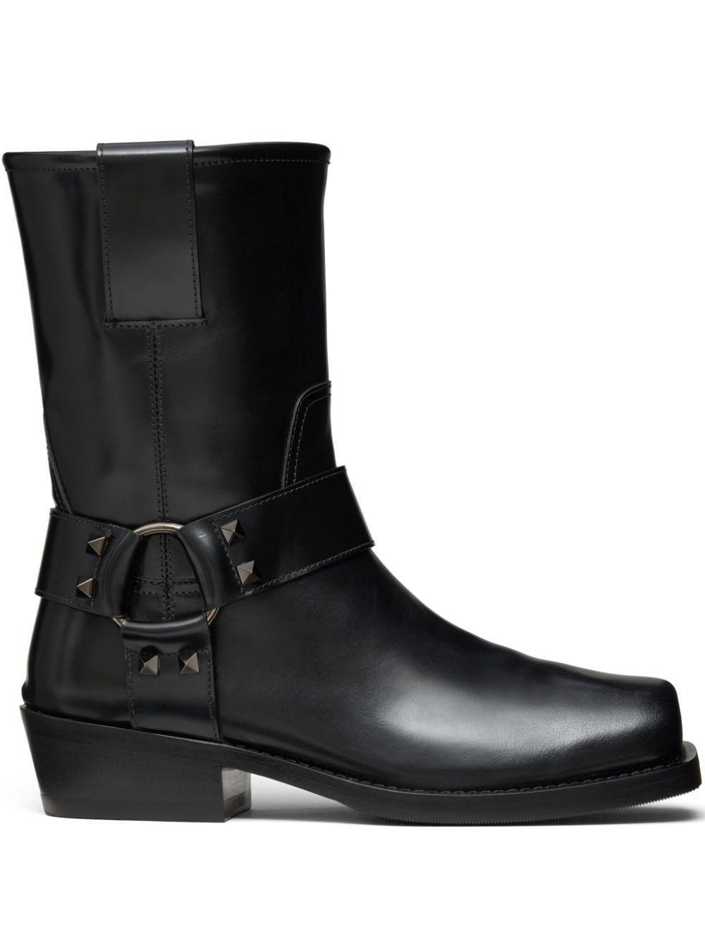 VALENTINO GARAVANI Rockstud Leather Biker Boots In Black Product Image