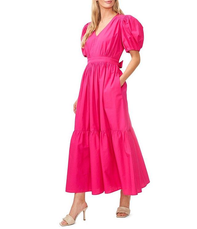 CeCe V-Neck Short Puffed Sleeve Tie Bow Back Tiered Poplin A-Line Maxi Dress Product Image