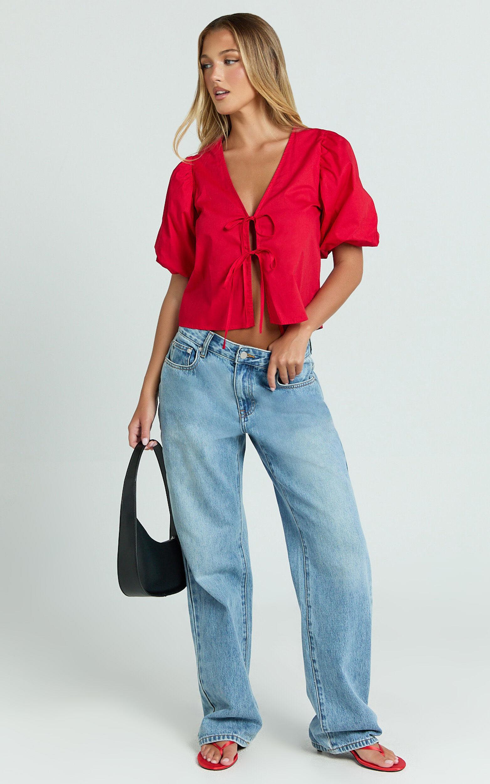 Dana Top - Bow Tie Front Puff Sleeve Blouse in Red Product Image