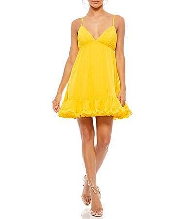 Mac Duggal Womens Ieena Ruffle V-Neck Criss-Cross Mini Dress Product Image