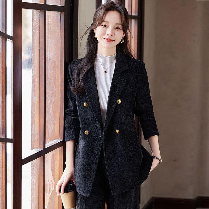 Lapel Collar Plain Double Breasted Blazer / Mid Rise Plain Wide Leg Fit Dress Pants / Set Product Image