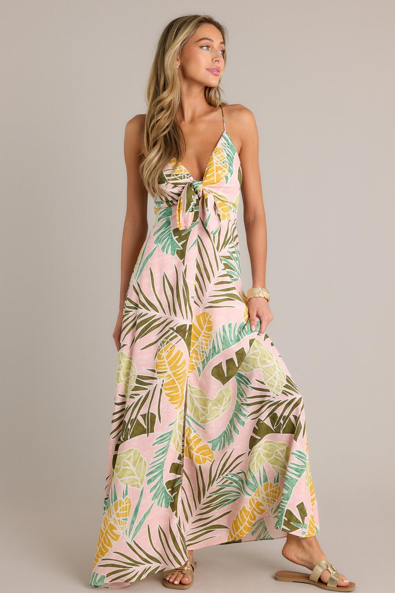 Palm Haven Light Pink Tropical Print Maxi Dress Product Image