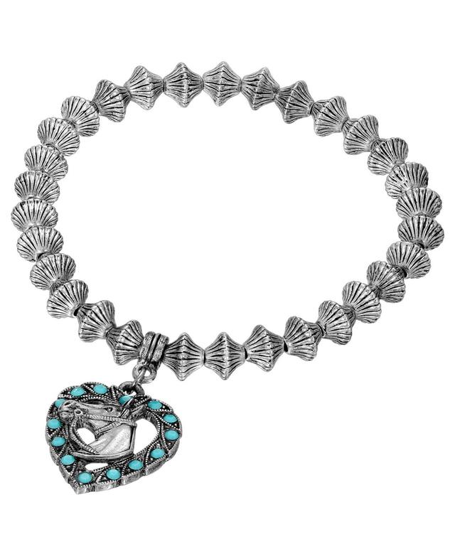 1928 Pewter Tone Turquoise Crystal Horse Head Heart Bracelet, Womens, Blue Product Image