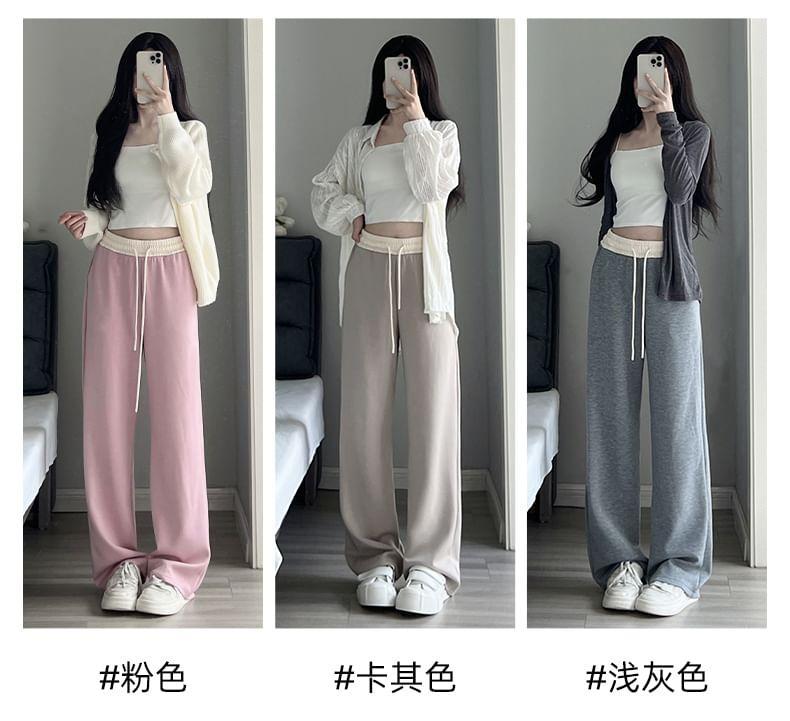 Paneled High Waist Drawstring Pocket Wide Leg Sweatpants Product Image