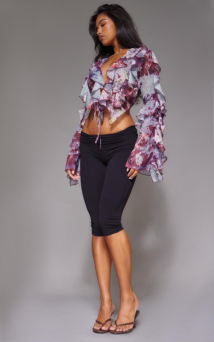 Purple Printed Sheer Woven Ruffle Tie Crop Blouse Product Image