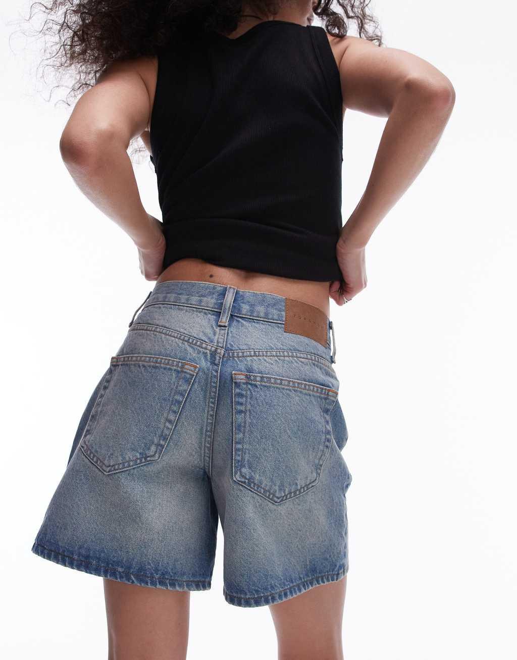 Topshop denim Editor shorts with tint in mid blue Product Image