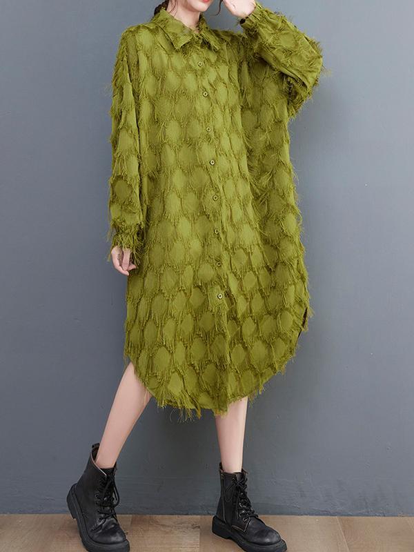 Stylish Long Sleeves Loose Tasseled Solid Color High-Neck Midi Dresses Product Image