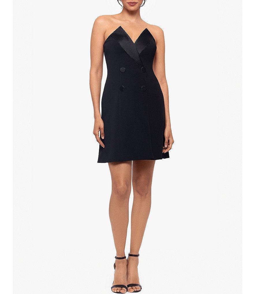 Betsy & Adam Scuba Crepe Lamour Pointed V-Neck Strapless Tuxedo Mini Dress product image