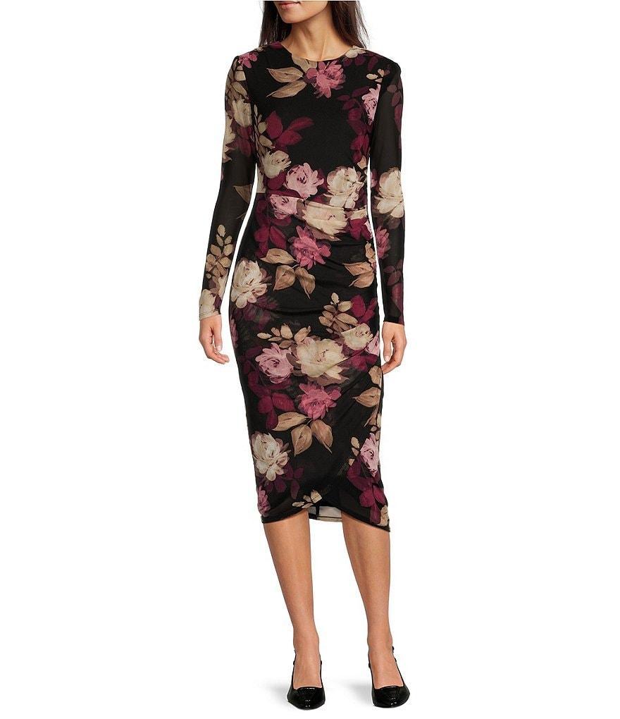 Taylor Floral Mesh Scoop Neck Long Sheer Sleeve Faux Wrap Midi Dress Product Image