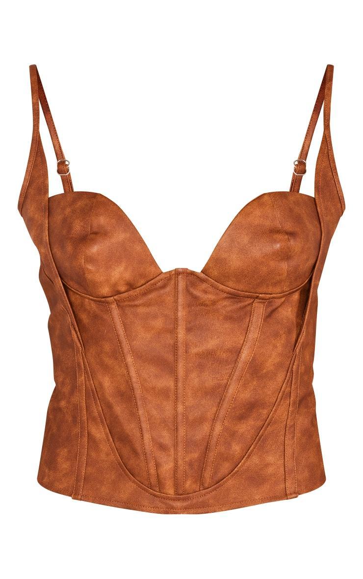 Brown Washed Faux Leather Boned Bust Detail Corset Product Image